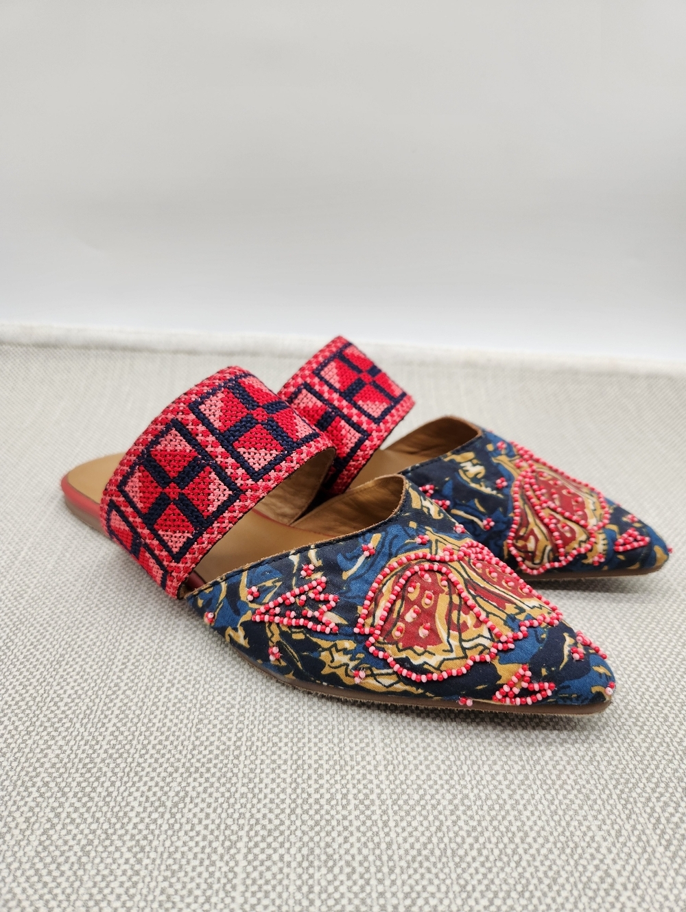 Anthropologie Size 8 Flat Mules Floral Beaded Embellished Multicolor